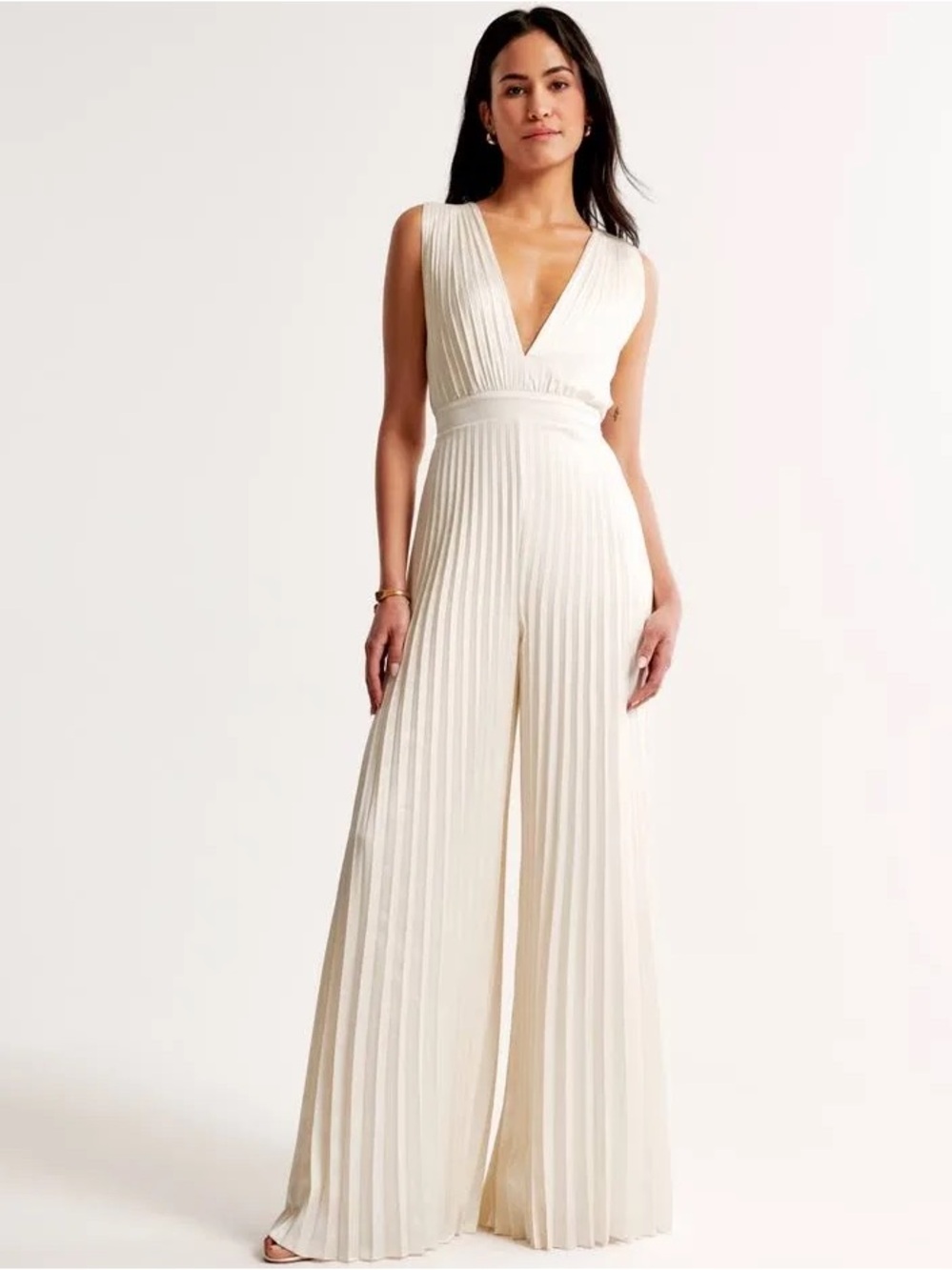 Sleeveless V-Neck Pleated Wide-Leg Jumpsuit - Cream